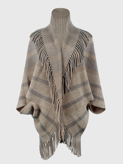 Fringe Detail Open Front Poncho Khaki One Size