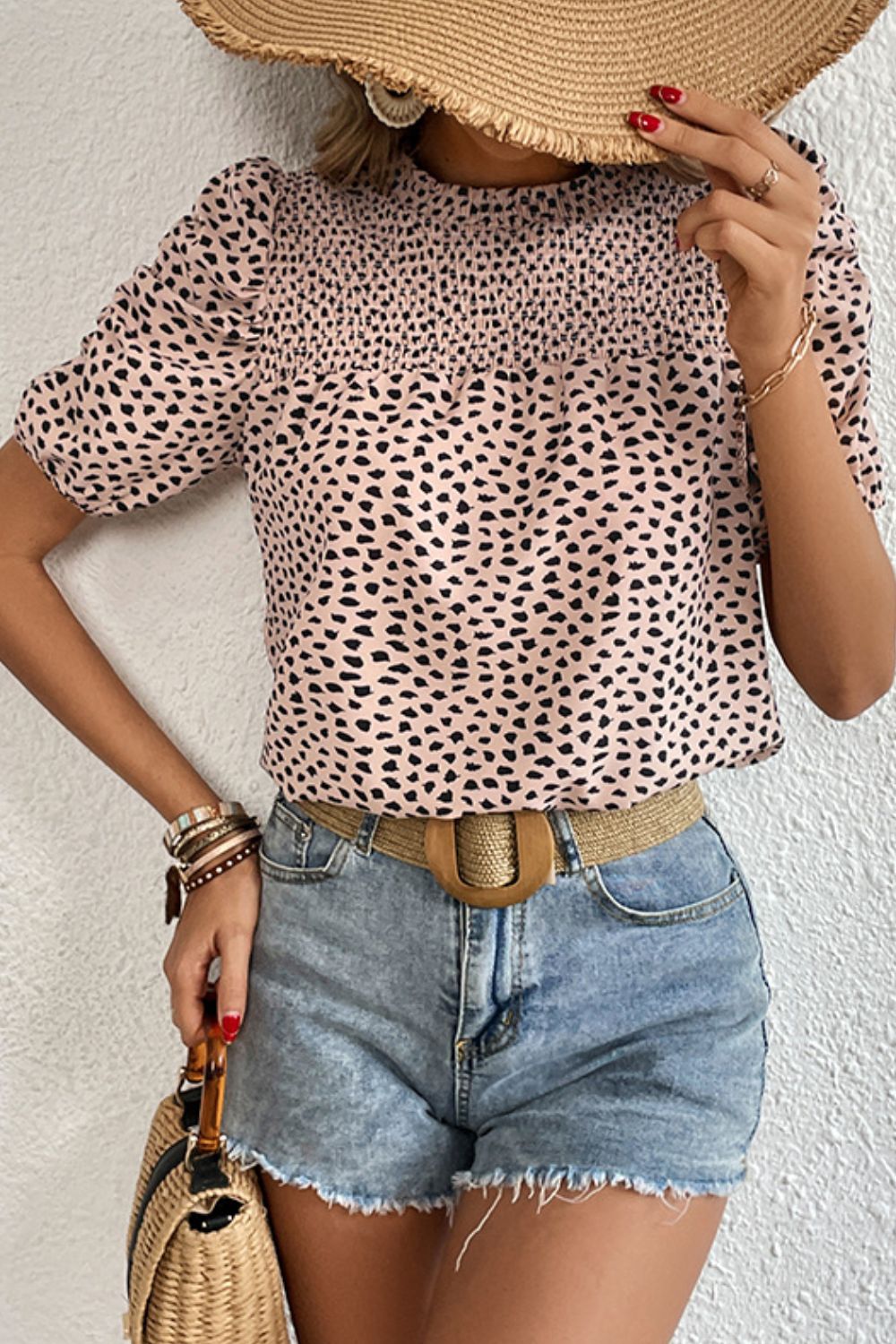 Printed Smocked Puff Sleeve Blouse Apricot