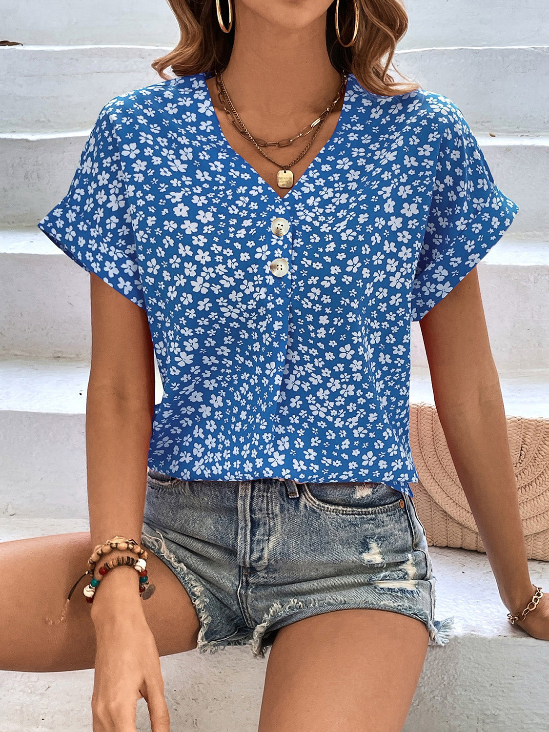 Printed V-Neck Short Sleeve Blouse Blue