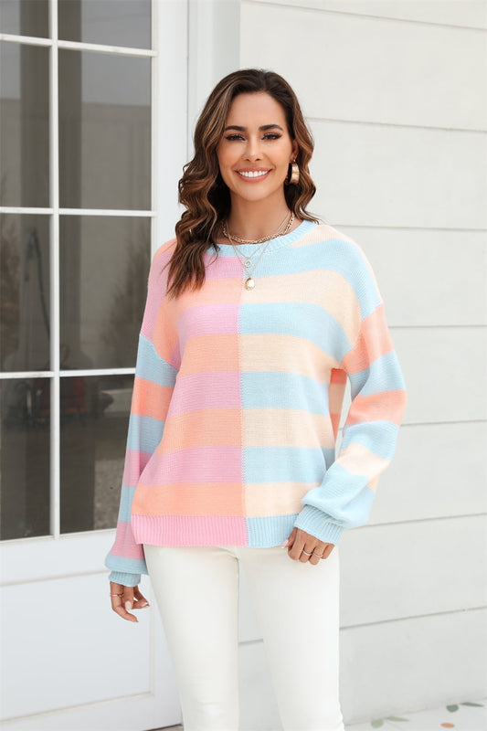 Round Neck Long Sleeve Color Block Dropped Shoulder Pullover Sweater Blush Pink