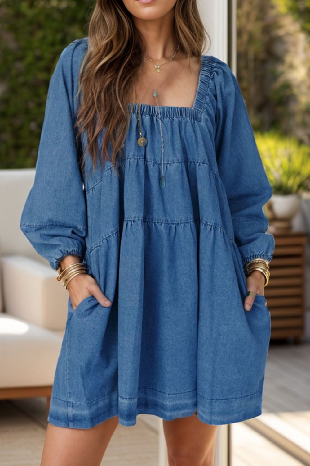 Tied Square Neck Long Sleeve Denim Dress with Pockets Medium