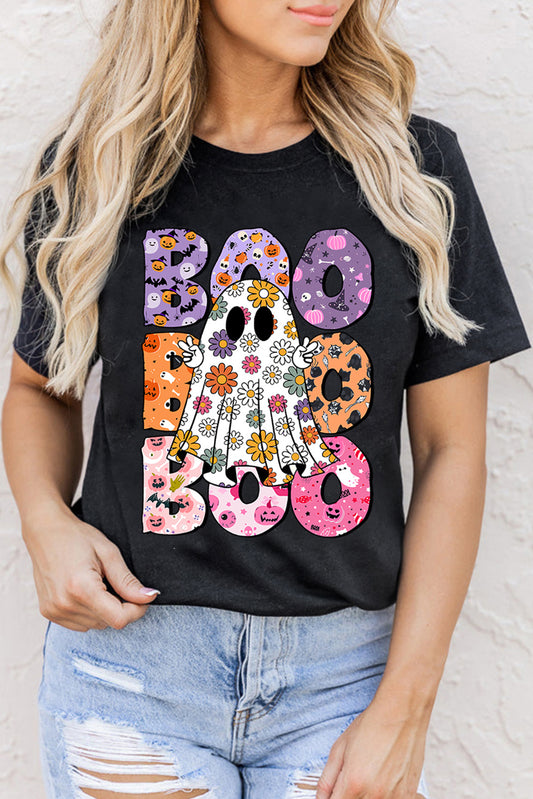 Black BOO Floral Ghost Print Crew Neck Halloween T Shirt Black 62%Polyester+32%Cotton+6%Elastane