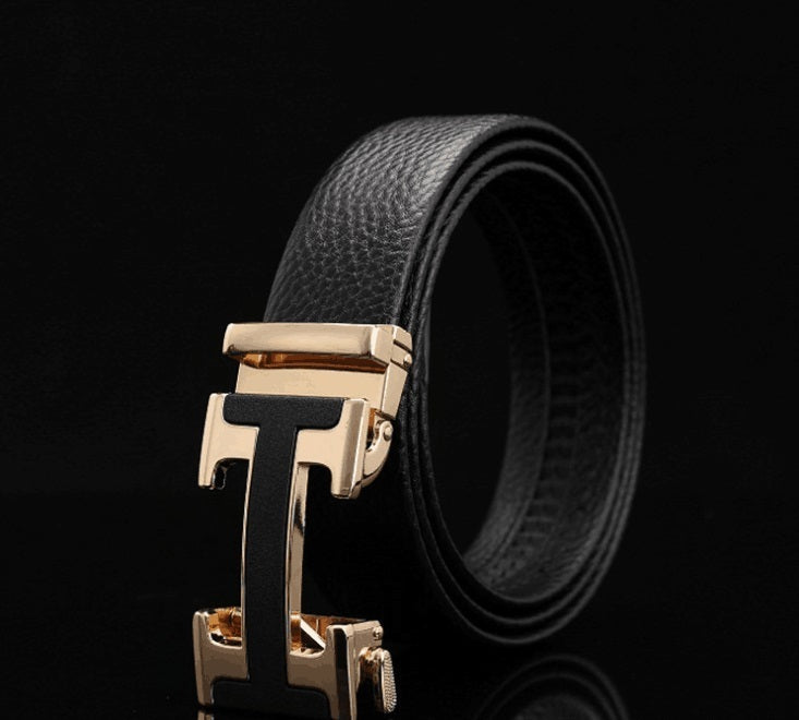 Automatic buckle men's belt leather lychee pattern