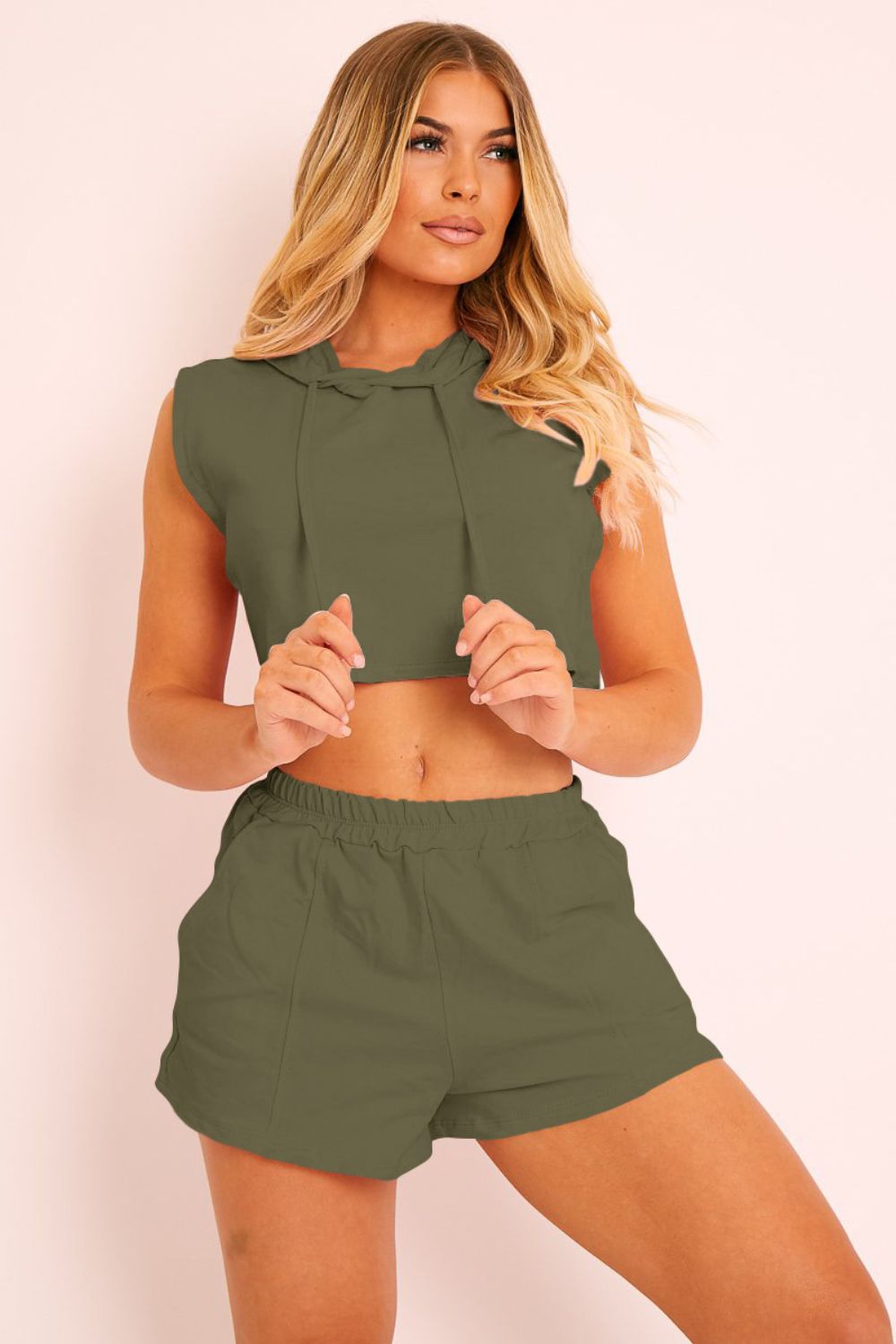 Hooded Crop Top & Pocketed Shorts Set Army Green