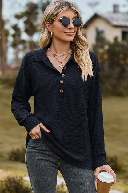 Half Button Dropped Shoulder Blouse Dark Blue