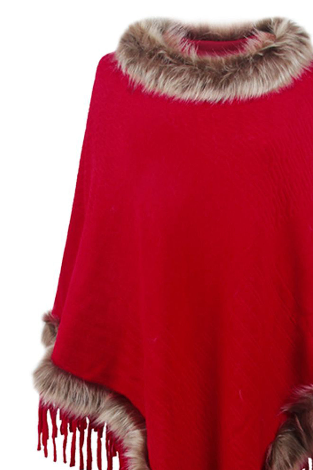 Faux Fur Trim Fringed Poncho - Thandynie