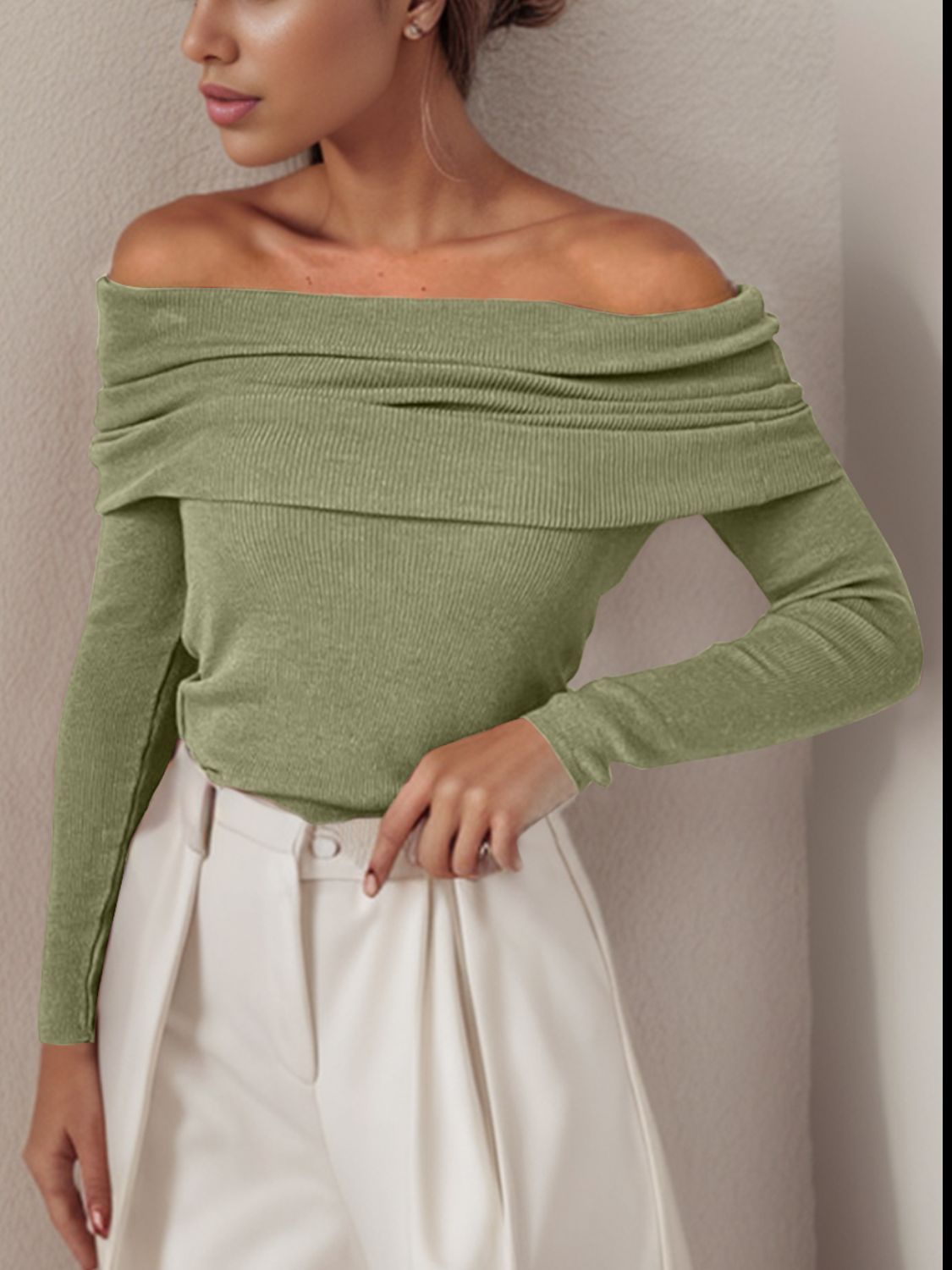 Off-Shoulder Long Sleeve Sweater Sage