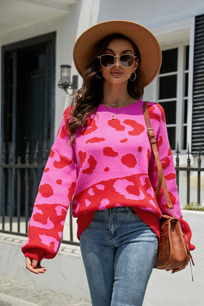 Leopard Drop Shoulder Sweater Hot Pink