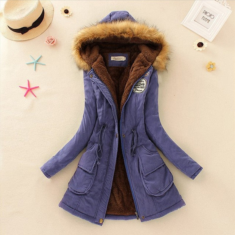 Long Women's Cotton-Padded Jacket With Wool Collar Sapphire