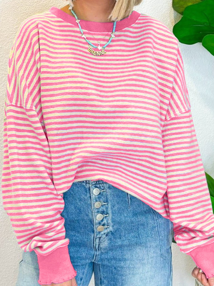 Striped Round Neck Long Sleeve Sweatshirt Pink