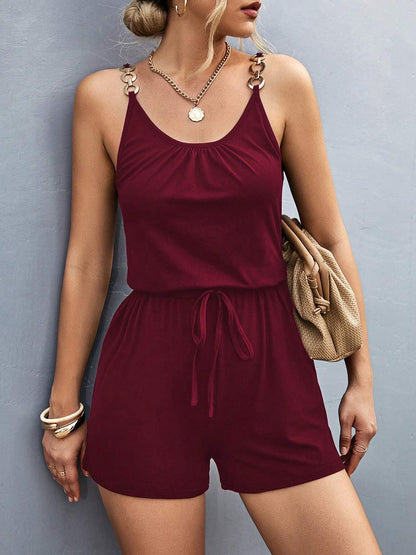 Pocketed Buckle Trim Scoop Neck Romper Burgundy