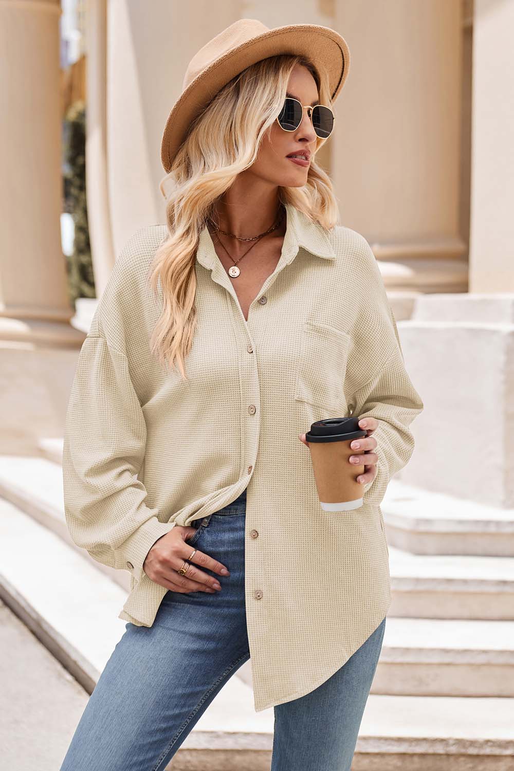 Collared Neck Dropped Shoulder Shirt Beige