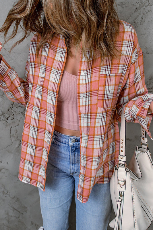 Plaid Pocketed Dropped Shoulder Shirt Watermelon pink
