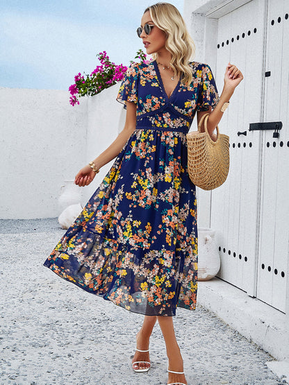 Printed V-Neck Flutter Sleeve Midi Dress