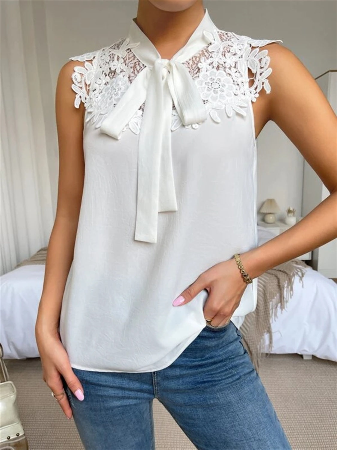 Lace Detail Tie Neck Tank - Thandynie