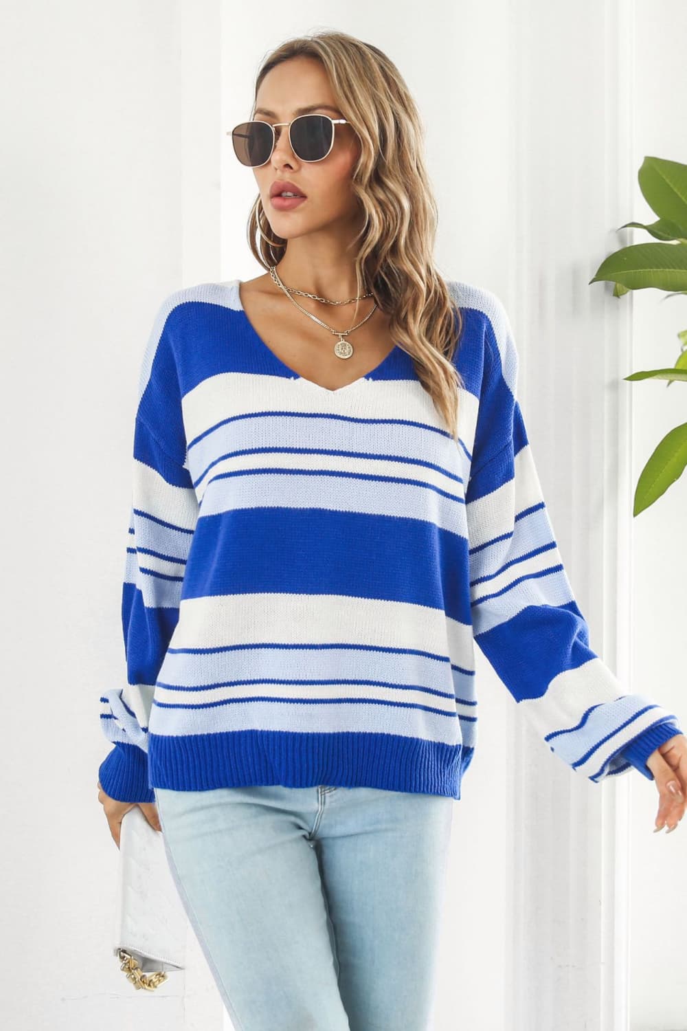 Striped V-Neck Dropped Shoulder Sweater Blue