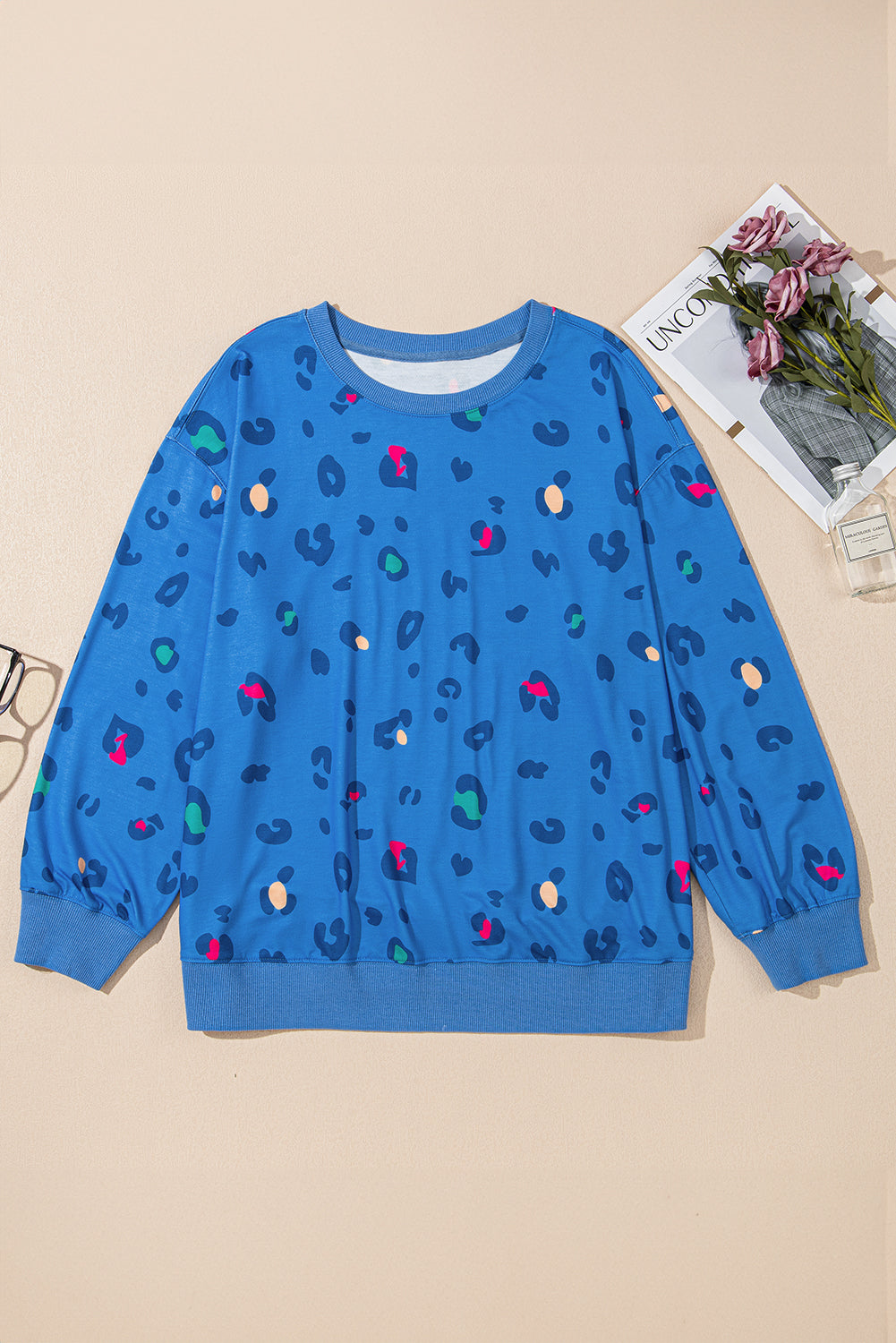 Sky Blue Plus Size Leopard Ribbed Edge Drop Shoulder Pullover Sweatshirt Sky Blue 95%Polyester+5%Elastane