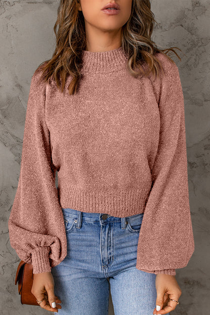 Ribbed Trim Balloon Sleeve Sweater Pink