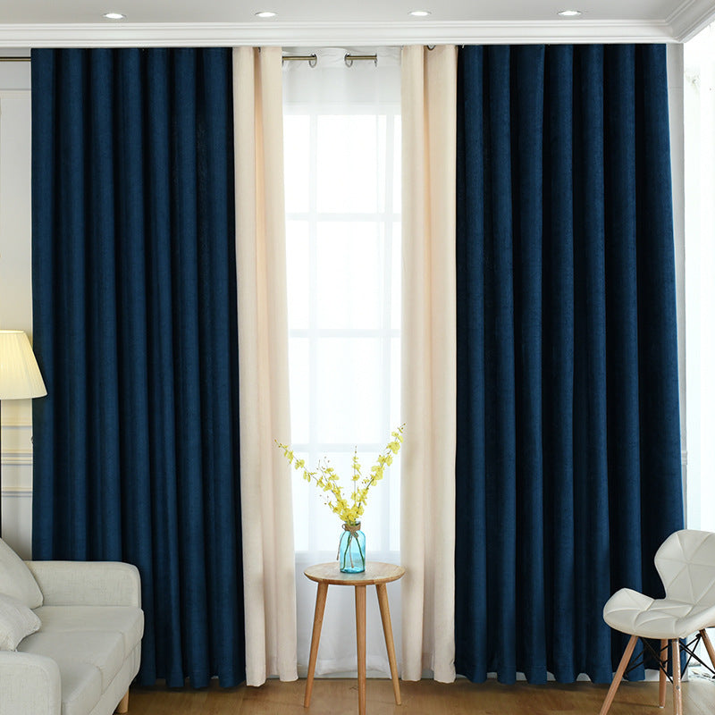 Solid Color Chenille Curtains - High Shading for Living Rooms and Bedrooms Dark Blue