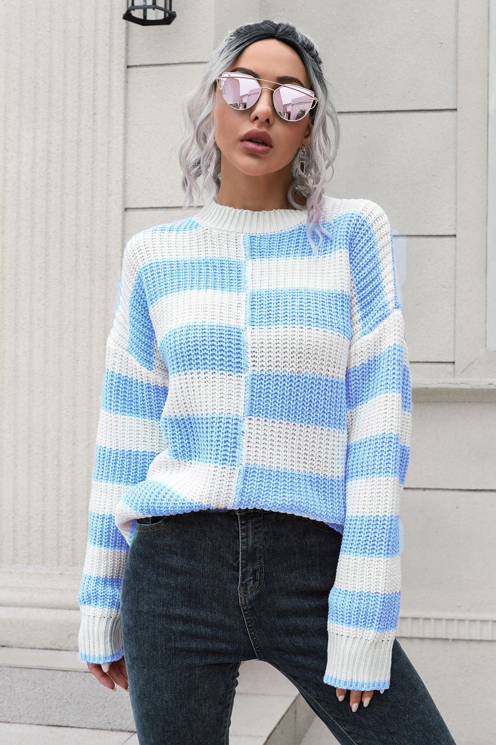 Color Block Dropped Shoulder Sweater Light Blue