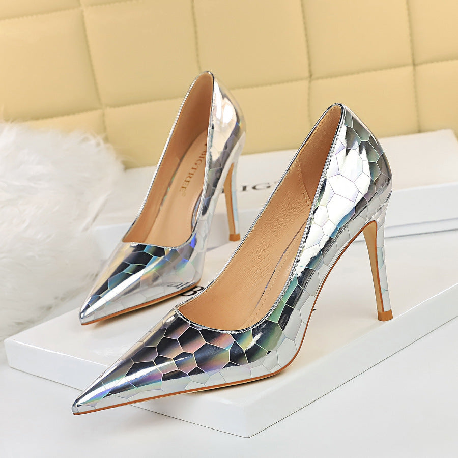 Sexy Stiletto Pumps with Pointed Toe and Metal Stone Pattern High Heels Silver