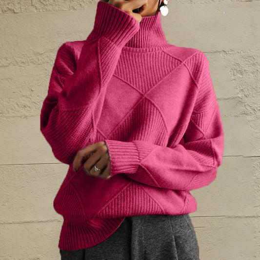 Geometric Turtleneck Long Sleeve Sweater Hot Pink