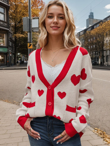 Heart Button Up Dropped Shoulder Long Sleeve Cardigan Beige