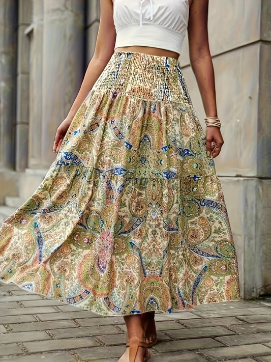 Full Size Tiered Smocked Printed High Waist Skirt - Thandynie