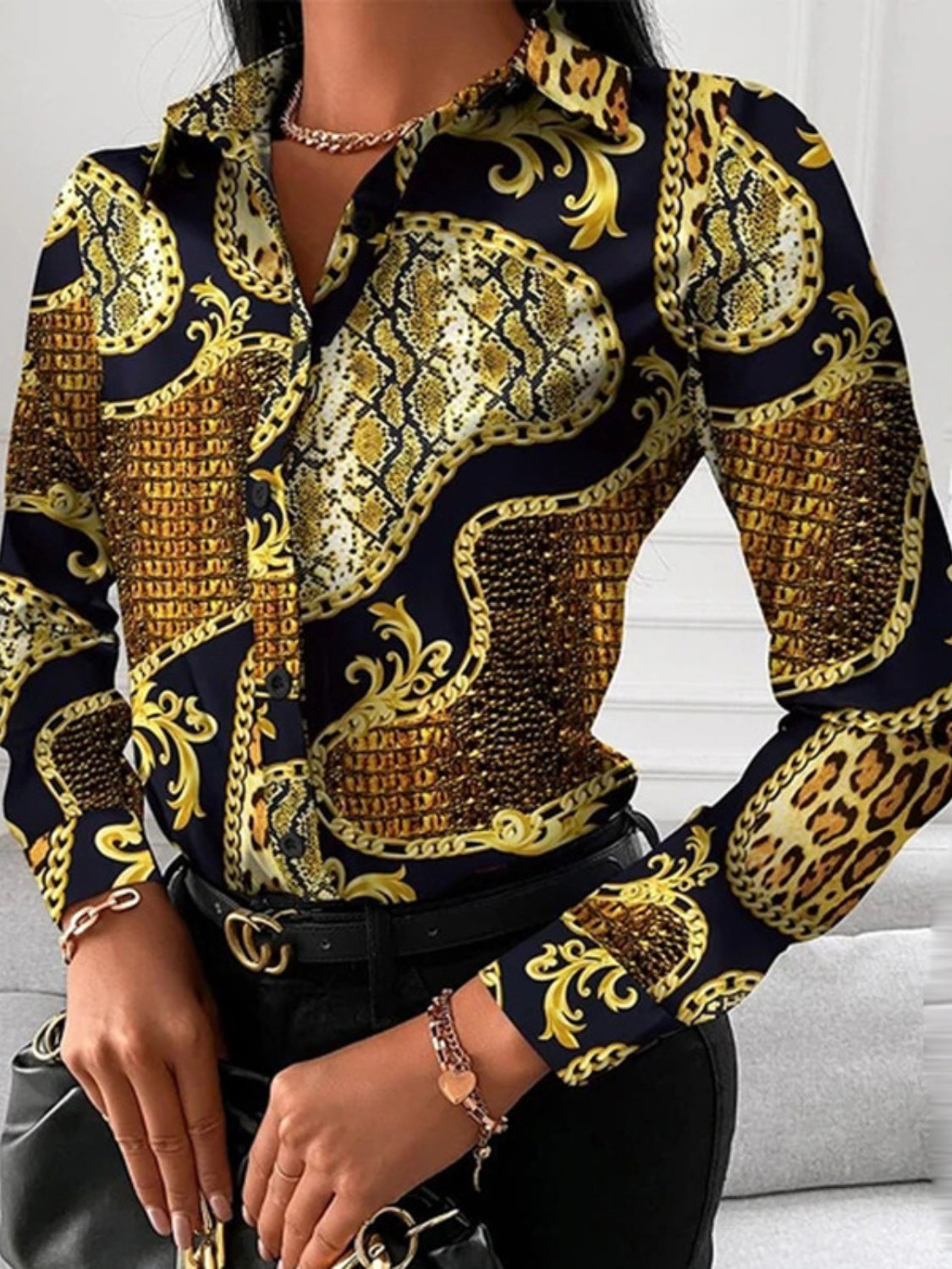 Printed Collared Neck Long Sleeve Shirt Gold