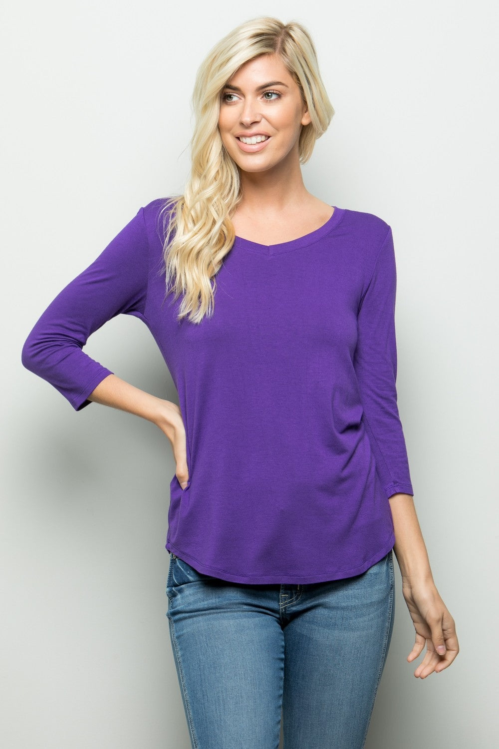 Celeste Full Size Three Quarter Sleeve V-Neck T-Shirt Purple