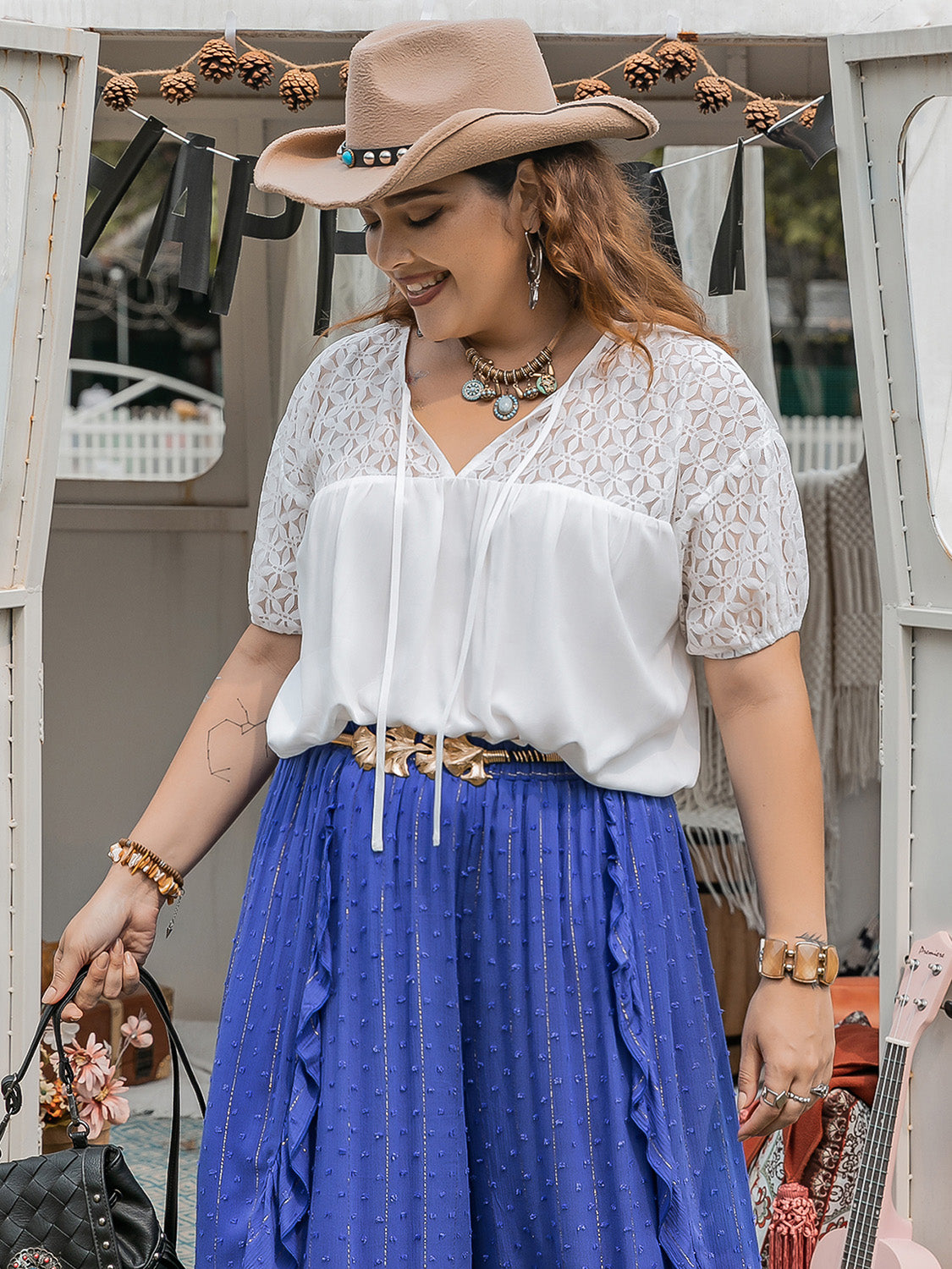 Plus Size Tie Neck Short Sleeve Blouse