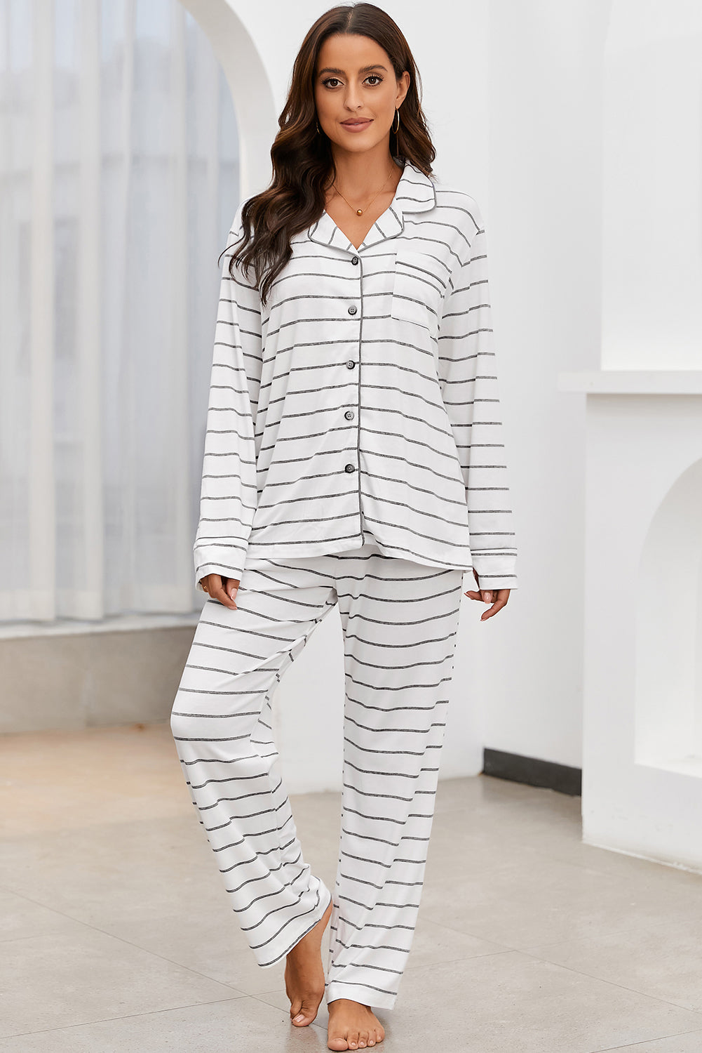 Striped V-Neck Long Sleeve Top and Pants Lounge Set Stripe