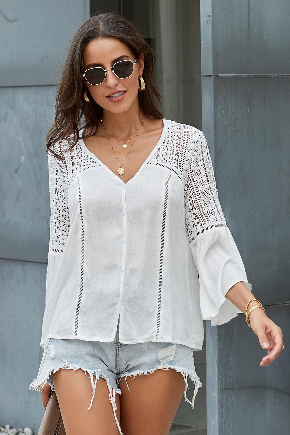 Flare Sleeve Spliced Lace V-Neck Shirt White