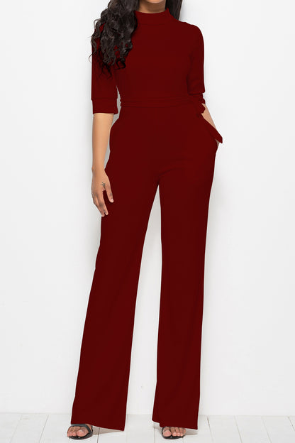 Mock Neck Tie-Waist Half Sleeve Jumpsuit Burgundy