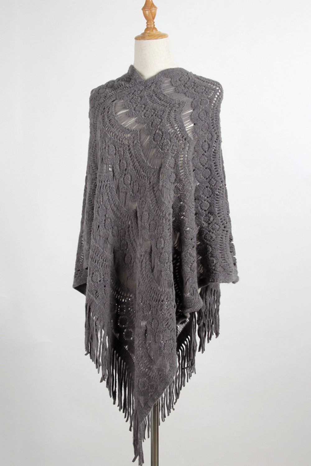 Fringe Openwork Surplice Cape Sleeve Poncho - Thandynie