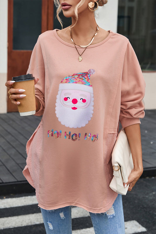 Sequin Santa Round Neck Slit Blouse Peach