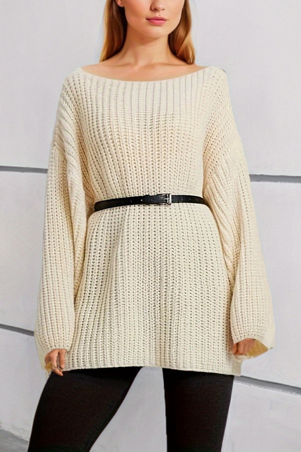 Boat Neck Dropped Shoulder Mini Sweater Dress Cream One Size