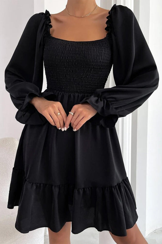 Smocked Square Neck Flounce Sleeve Mini Dress Black