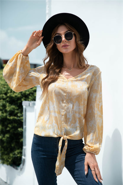 Tie-Dye Tied Balloon Sleeve Blouse Light Yellow