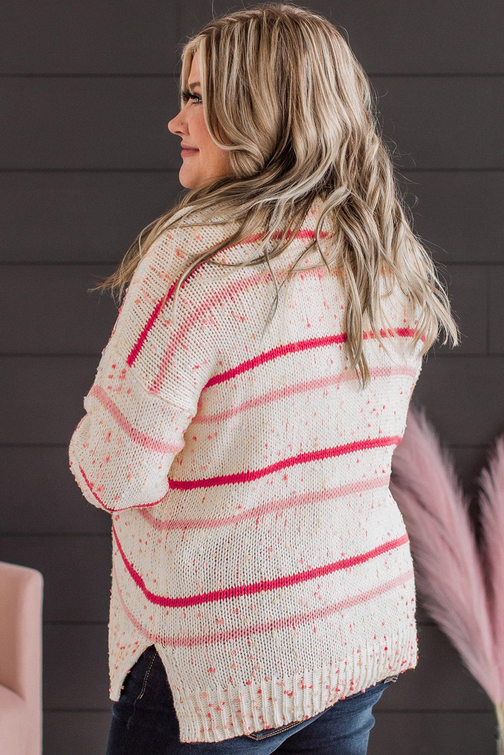 Pink Stripe Drop Shoulder Side Split Plus Size Sweater