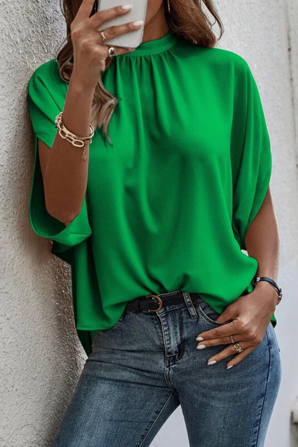 Tie Back Slit Half Sleeve Blouse Dark Green