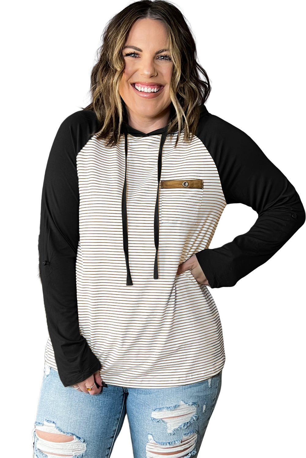 Black Striped Plus Size Hoodie with Raglan Sleeves & Buttoned Chest Pocket