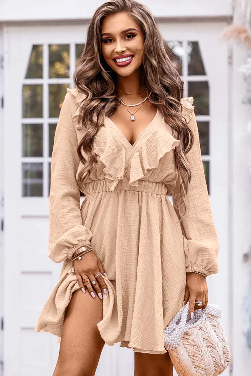 Ruffle Trim V-Neck Long Sleeve Mini Dress Tan