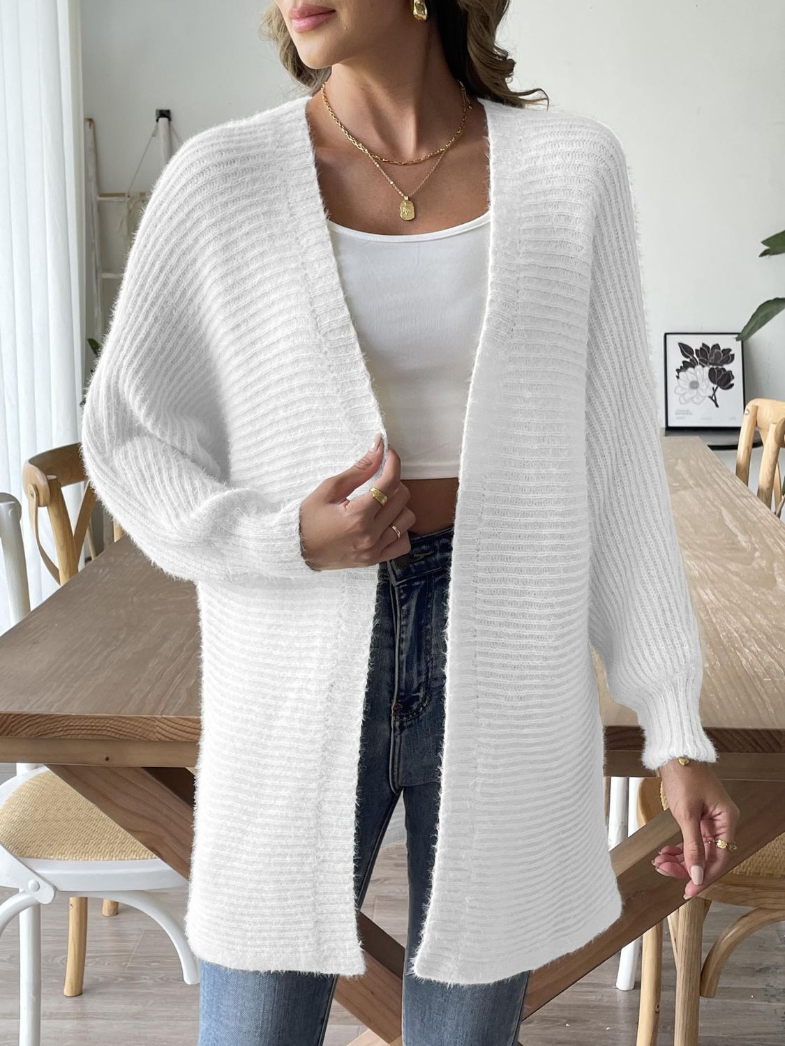 Open Front Long Sleeve Cardigan White