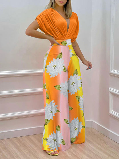 Printed Surplice Top and Wide Leg Pants Set Tangerine