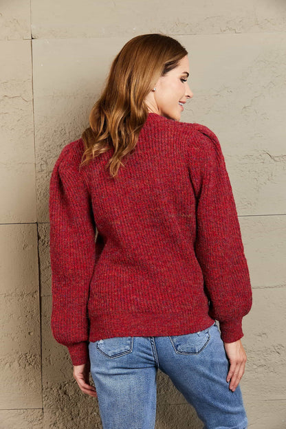 Woven Right Heathered Long Lantern Sleeve Rib-Knit Sweater