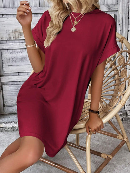 Round Neck Short Sleeve Mini Dress Burgundy