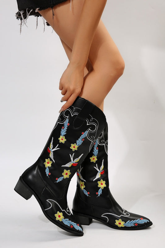 Embroidered Point Toe Block Heel Boots Black