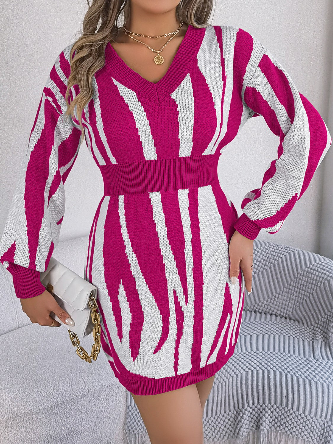 Animal Print V-Neck Long Sleeve Sweater Dress - 100% Acrylic, Moderate Stretch, Machine Washable