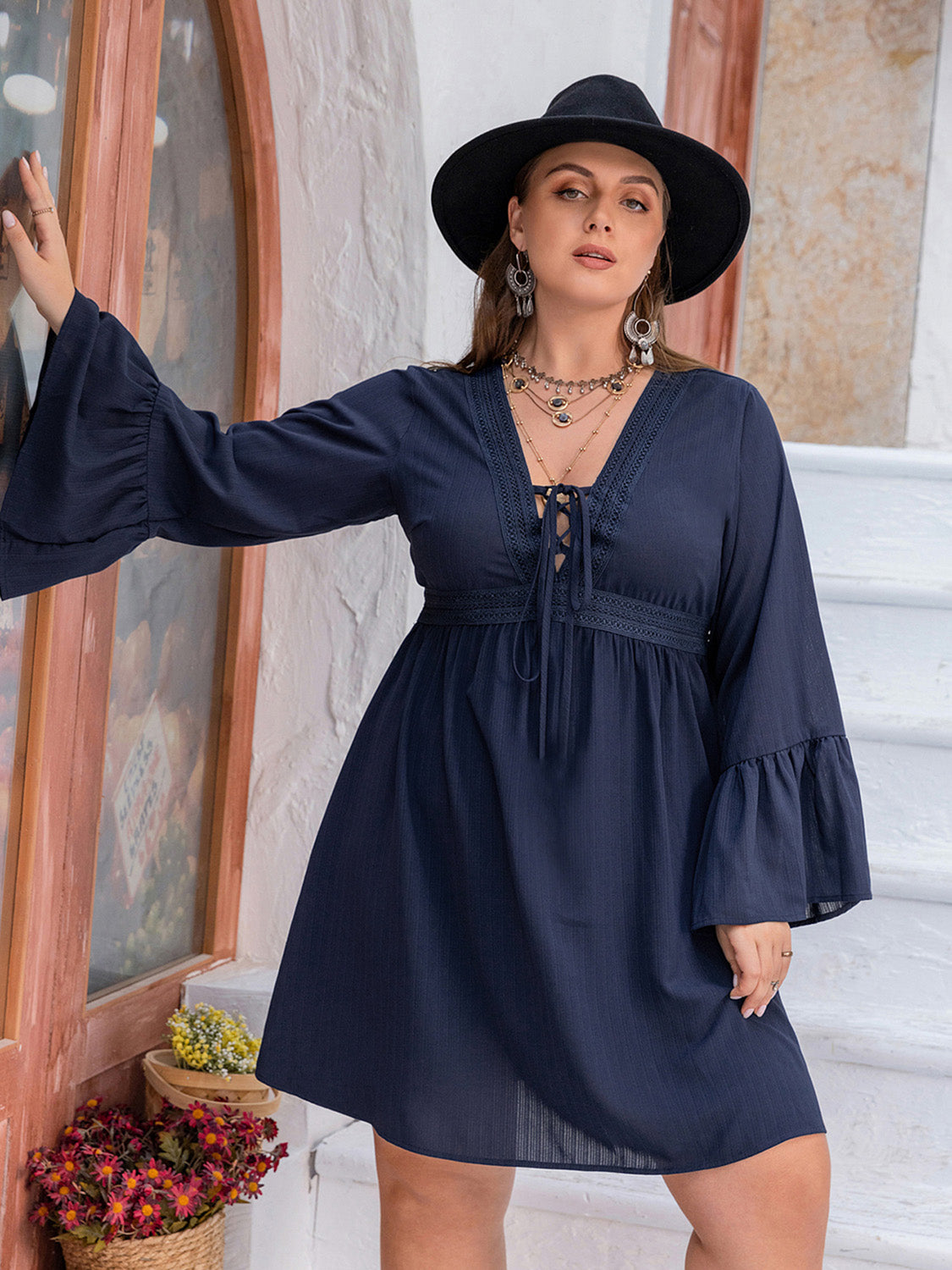Plus Size Tie Front V-Neck Flare Sleeve Dress - Thandynie